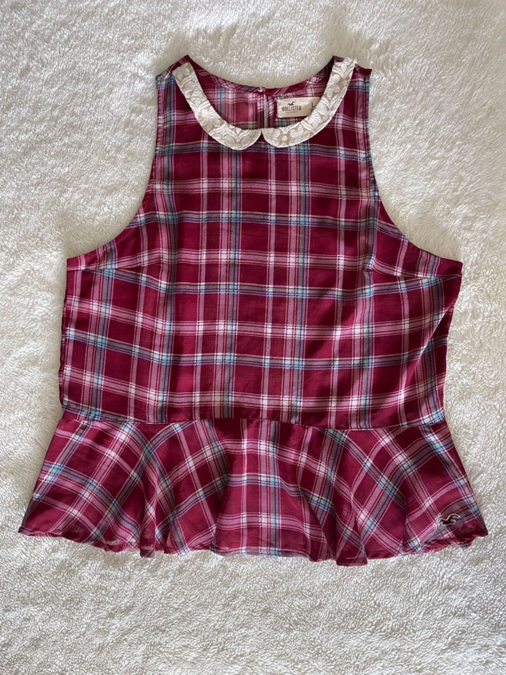Hollister Burgundy Plaid Tank with Cream Lace Collar